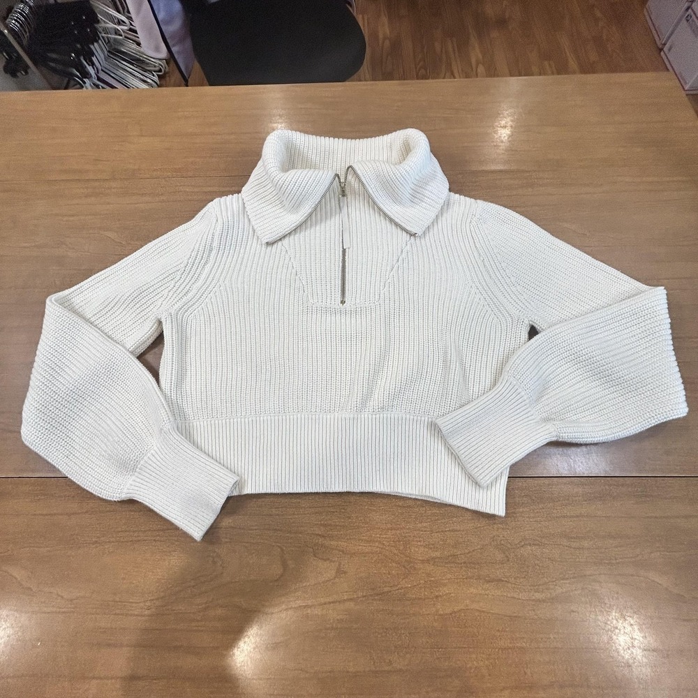 Varley Sweater Womens Small White 1/2 Zip Collared Chunky Knit Cotton Pullover